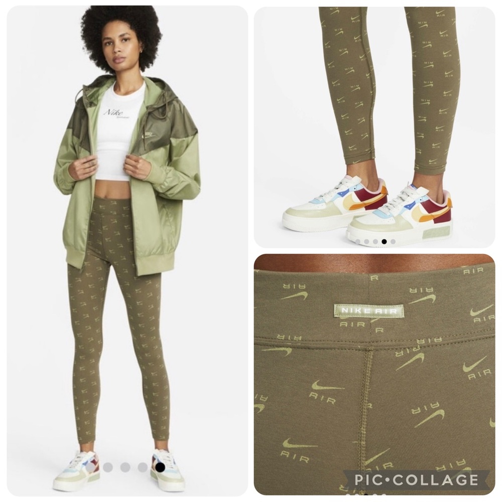 Nike Air Tight High Rise Printed Leggings Olive Green Logo Allover Medium